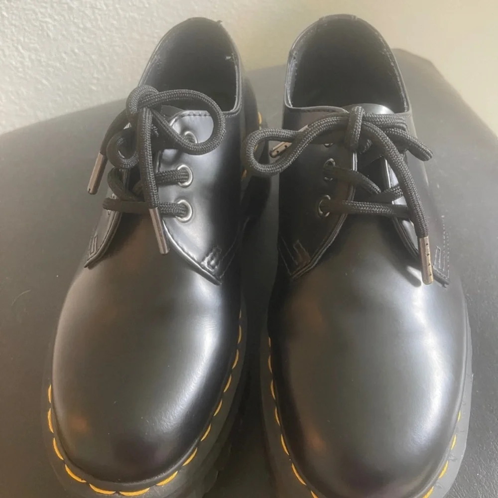 Dr. Martens Black Leather Lace-Up Platform Shoe with Yellow Stitching